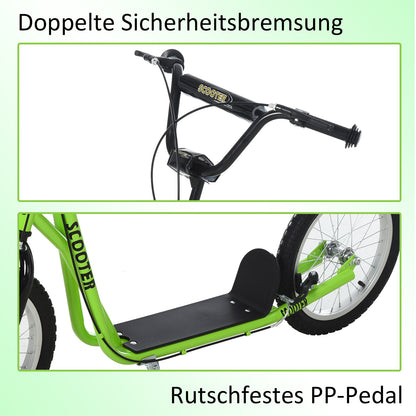 HOMCOM Kinderroller Scooter Tretroller Cityroller Kickscooter Roller Kinder Kickboard mit Luftreifen und Handbremse Scooter Kinder ab 5 Jahre 16 Zoll Grün 139 x 58 x 90-96 cm