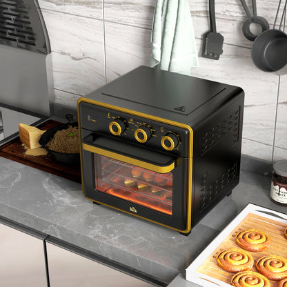 HOMCOM Mini-Backofen, 20 Liter, ölfreies Frittieren, Grillen, Backen, Umluft, 90-230° C, Timer, 1400W, schwarz+gold