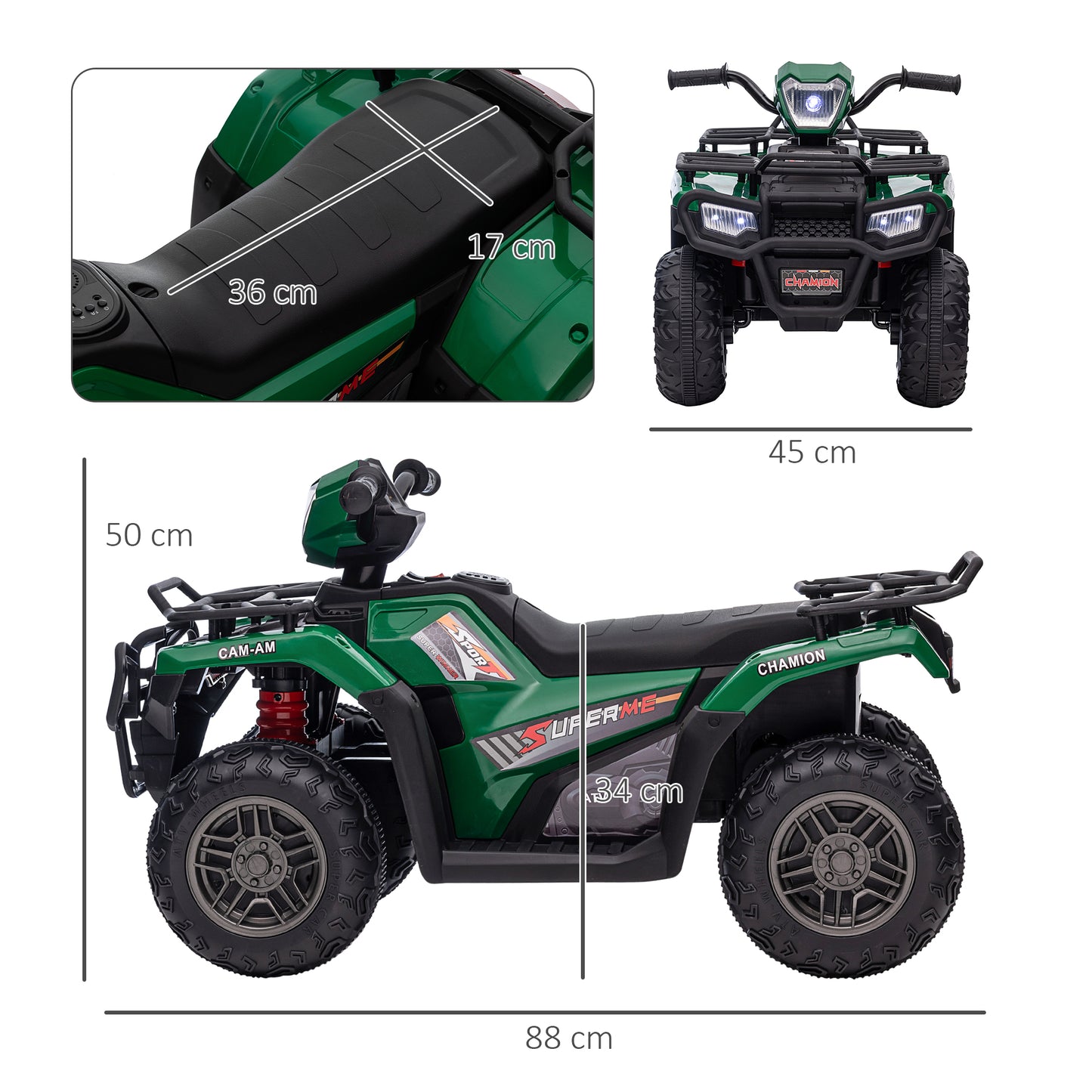 HOMCOM Kinder-Elektroquad, max. 4 km/h, ab 3 Jahren, LED-Scheinwerfer, Musikanschluss, schwarz+grün 88 x 45 x 50 cm