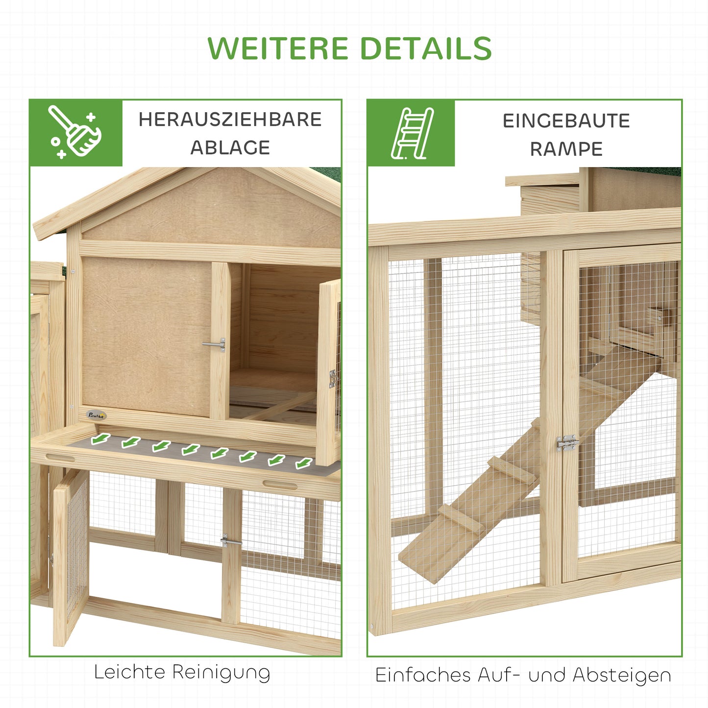 PawHut Hühnerstall mit Freigehege, inkl. Nistkasten, Rampe und Bodenwanne Tannenholz Naturholz