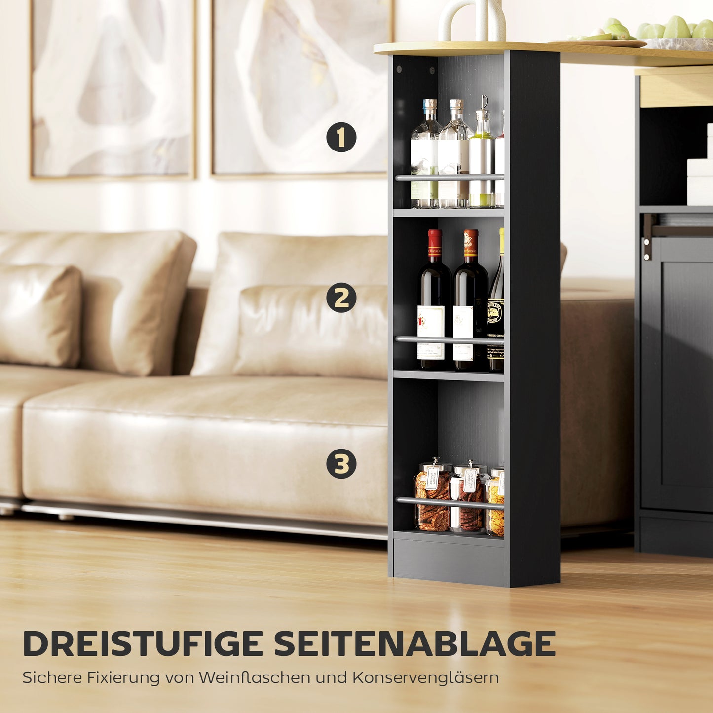HOMCOM Ausziehbarer Bartisch, zu L-Form umwandelbar, viel Stauraum, 3 verstellbare Regale, Spanplatte, MDF, Schwarz
