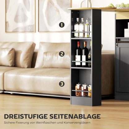 HOMCOM Ausziehbarer Bartisch, zu L-Form umwandelbar, viel Stauraum, 3 verstellbare Regale, Spanplatte, MDF, Schwarz