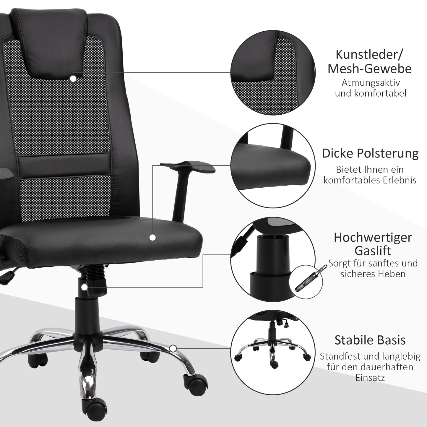 Vinsetto Bürostuhl Drehstuhl höhenverstellbar Chefsessel Schreibtischstuhl ergonomisch PU schwarz 66 x 73 x 108-118 cm