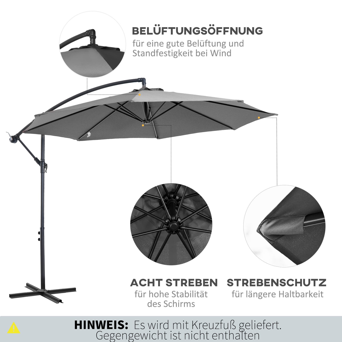 Outsunny Sonnenschirm mit Handkurbel Wetterbeständig 2,95 m x 2,95 m x 2,45 m Polyester Stahl Schwarz