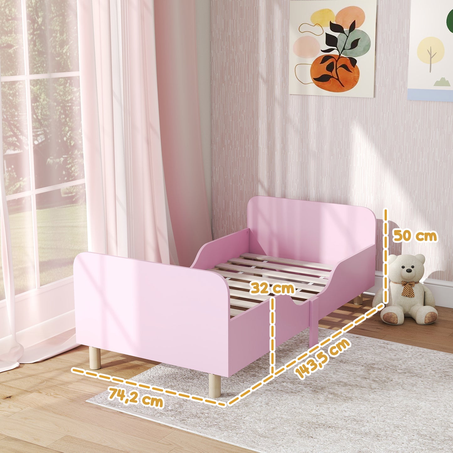 AIYAPLAY Kinderbettgestell، Einzelbettrahmen für Kinder، Schutzgitter، Kleines Bett für Kinderzimmer، MDF، ohne Matratze، Rosa