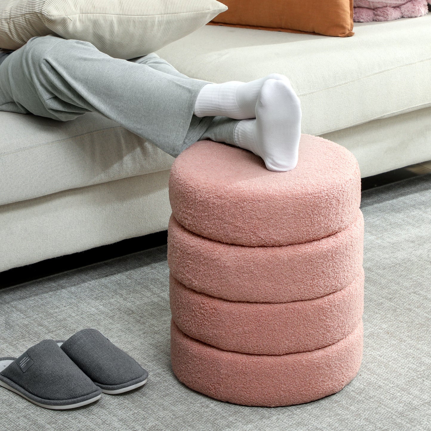 HOMCOM Hocker, rund, Teddyfleece, bis 120kg, Φ40x45H cm, Rosa
