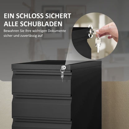 Vinsetto Aktenschrank aus Metall, Büroschrank, 3 Schubladen, rollbar, Schwarz