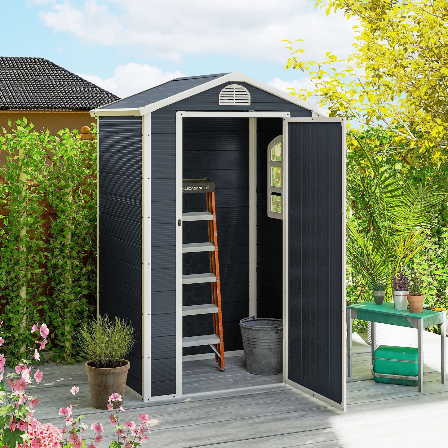 Outsunny Gerätehaus Kunststoff 1,9m² 134x104x204cm Geräteschuppen mit Satteldach Tür wetterfest Gartenhaus Outdoor Garten Schuppen Schrank für Hinterhof Außenbereich Dunkelgrau