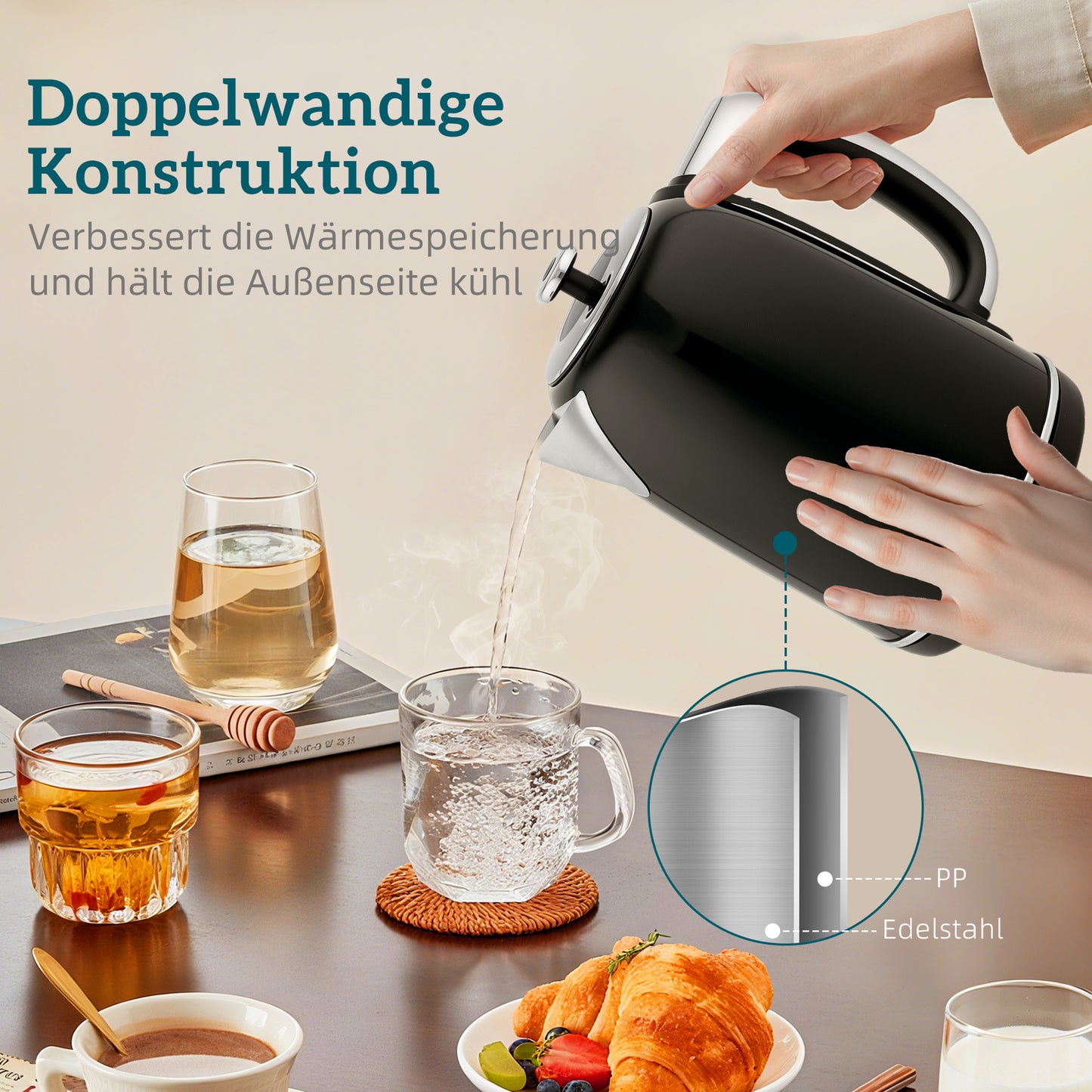 HOMCOM Wasserkocher- und Toaster-Set, LED-Anzeige, 1,7 Liter, 2200W, Retro-Design, Memory-Funktion, Schwarz