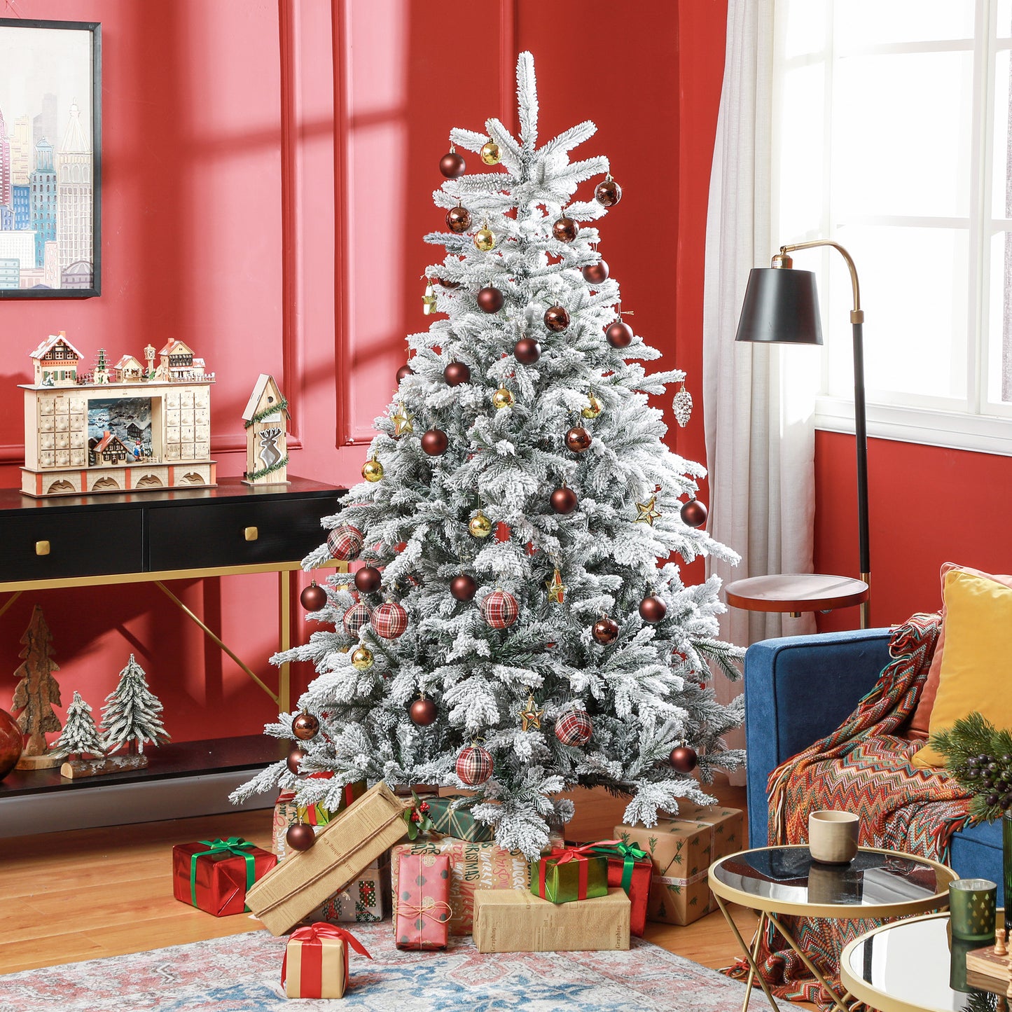 HOMCOM Weihnachtsbaum 180 cm, mit Kunstschnee, flammhemmend, schneller Auf- und Abbau, Metallbasis
