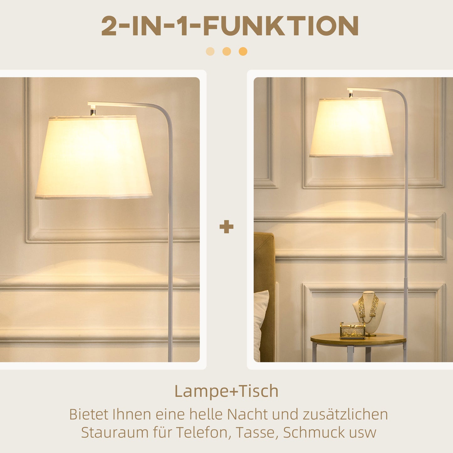 HOMCOM Stehleuchte mit 2 Regalen, Standleuchte, Fußschalter, 40 W. E 27, Natur + Weiß