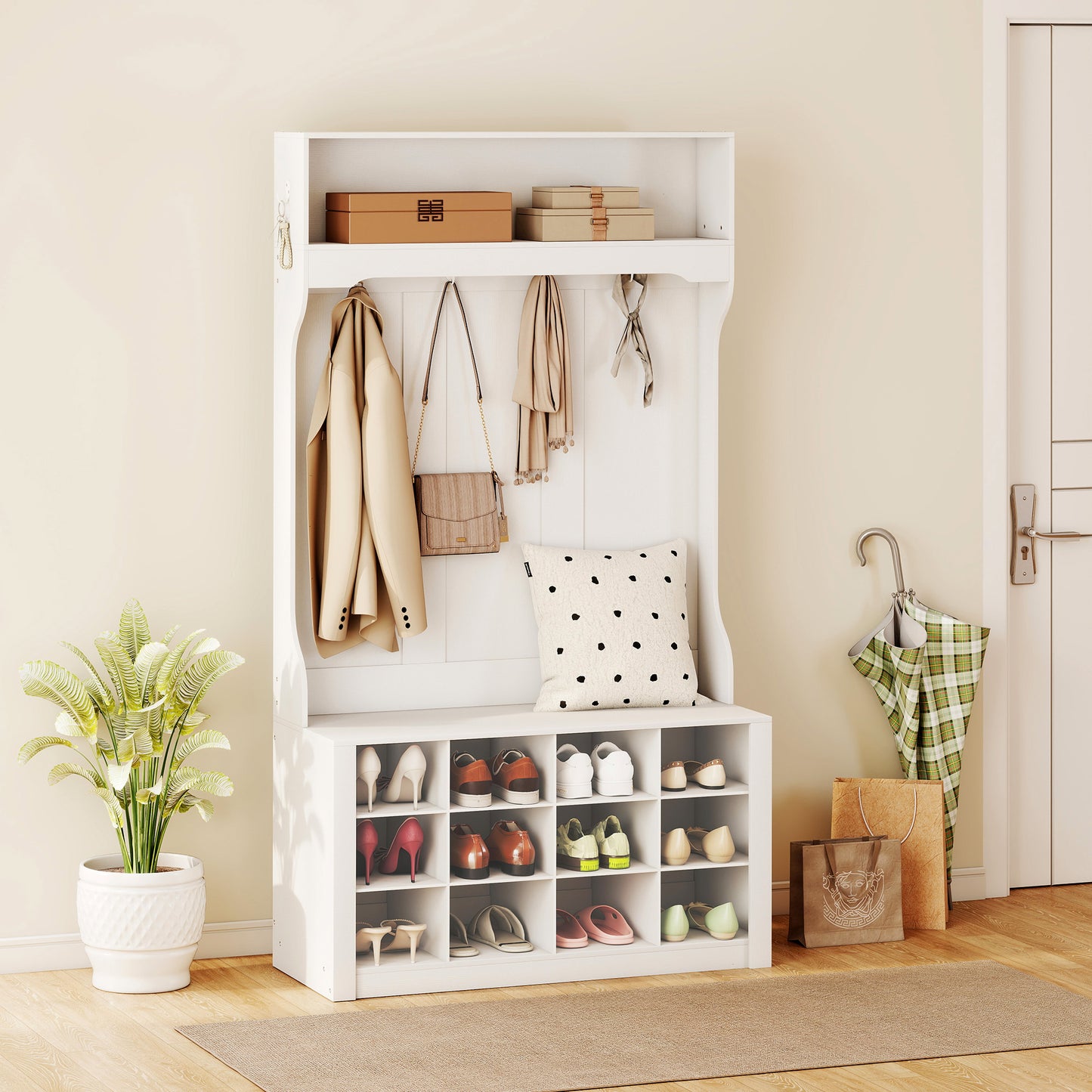 HOMCOM Garderobe mit Regal, Bank, Haken, Schuhfächern, Spanplatten, MDF, Weiß