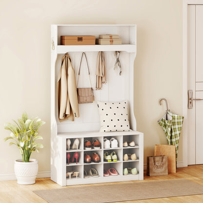 HOMCOM Garderobe mit Regal, Bank, Haken, Schuhfächern, Spanplatten, MDF, Weiß