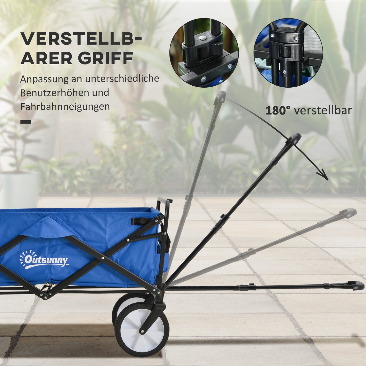 Outsunny Bollerwagen Handwagen mit faltbar Bremsen Verstellbarem Griff Transportwagen 68 KG Belastbar, Strandwagen Gartenwagen für Strand Garten Einkauf Shopping