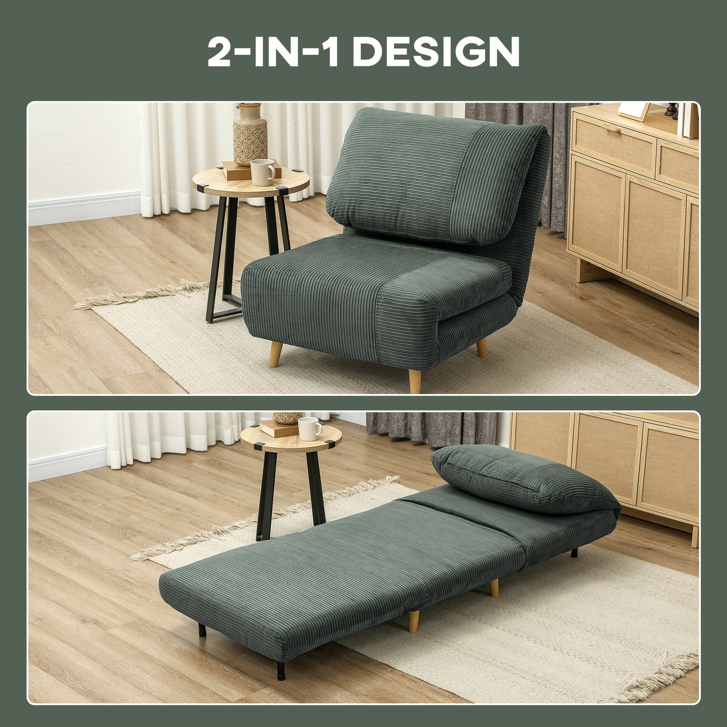 HOMCOM 2-in-1 Schlafsessel Gästebett, verstellbare Kopfstütze Cord-Optik 82 cm x 8 cm x 83 cm Grün
