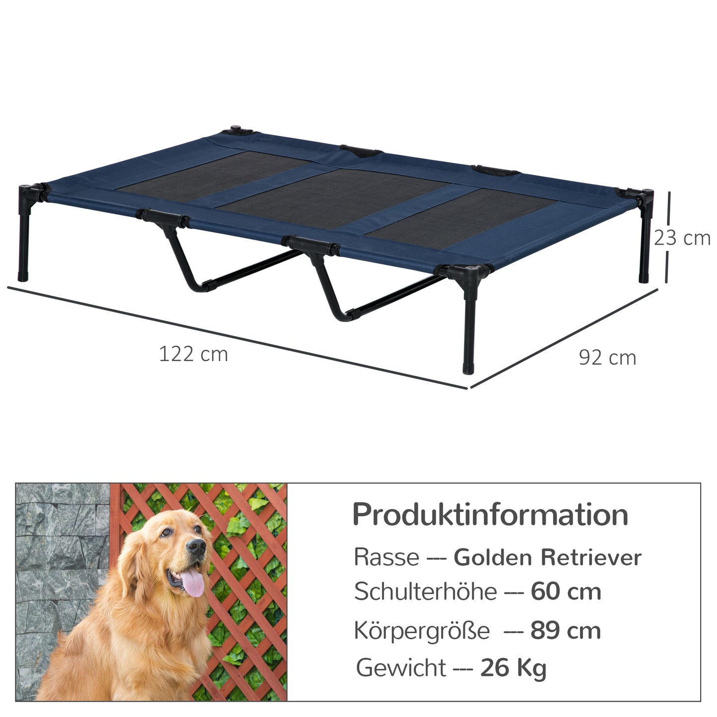 PawHut Hundebett, faltbar, Outdoor-Hundebett, erhöhter Stand, 122 cm x 92 cm x 23 cm, Blau + Schwarz