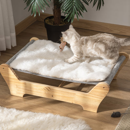 PawHut Katzenbett mit Gestell Hängematte für Katzen erhöhtes Katzennest mit weichem Kissen Kiefernholz Natur 68 x 43 x 20 cm