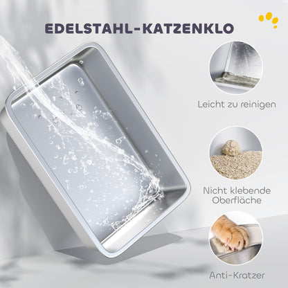 PawHut Katzentoilette, Edelstahl, XL-Innenraum, mit Schaufel, Hellgrau