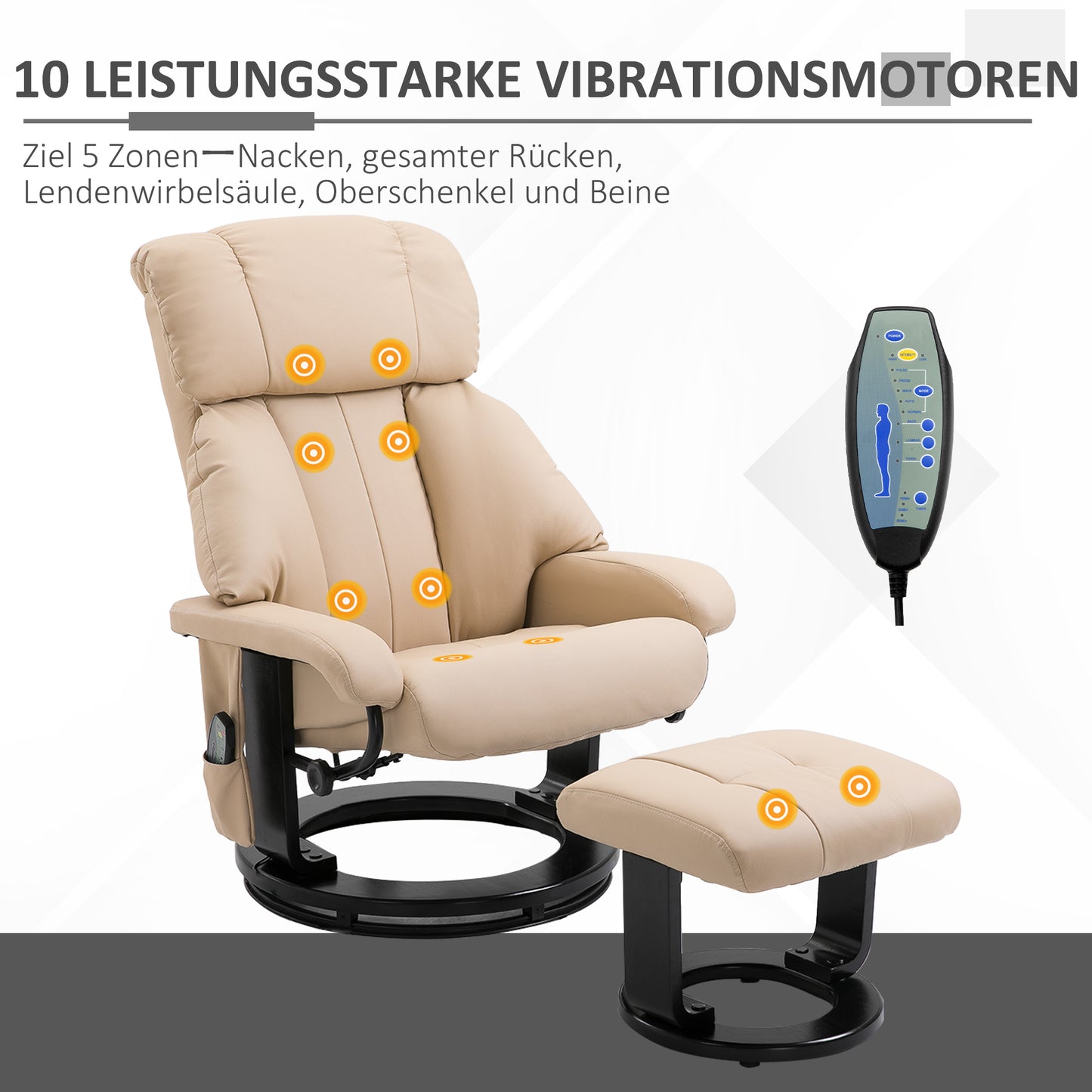 HOMCOM Relaxsessel mit Hocker, drehbarer Fernsehsessel mit Massagefunktion, Liegefunktion, Massagesessel mit Fernbedienung, Seitentasche, Ruhesessel aus Kunstleder für Wohnzimmer Cremeweiß
