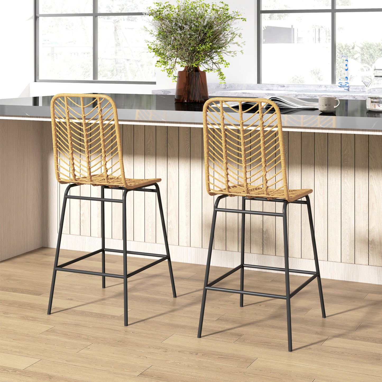 HOMCOM 2er Set Barhocker mit Lehne Barstühle im Boho-Design, PE-Rattan, inkl. Fußtstütze, 42,5 cm x 52 cm x 102 cm, Gelb + Schwarz