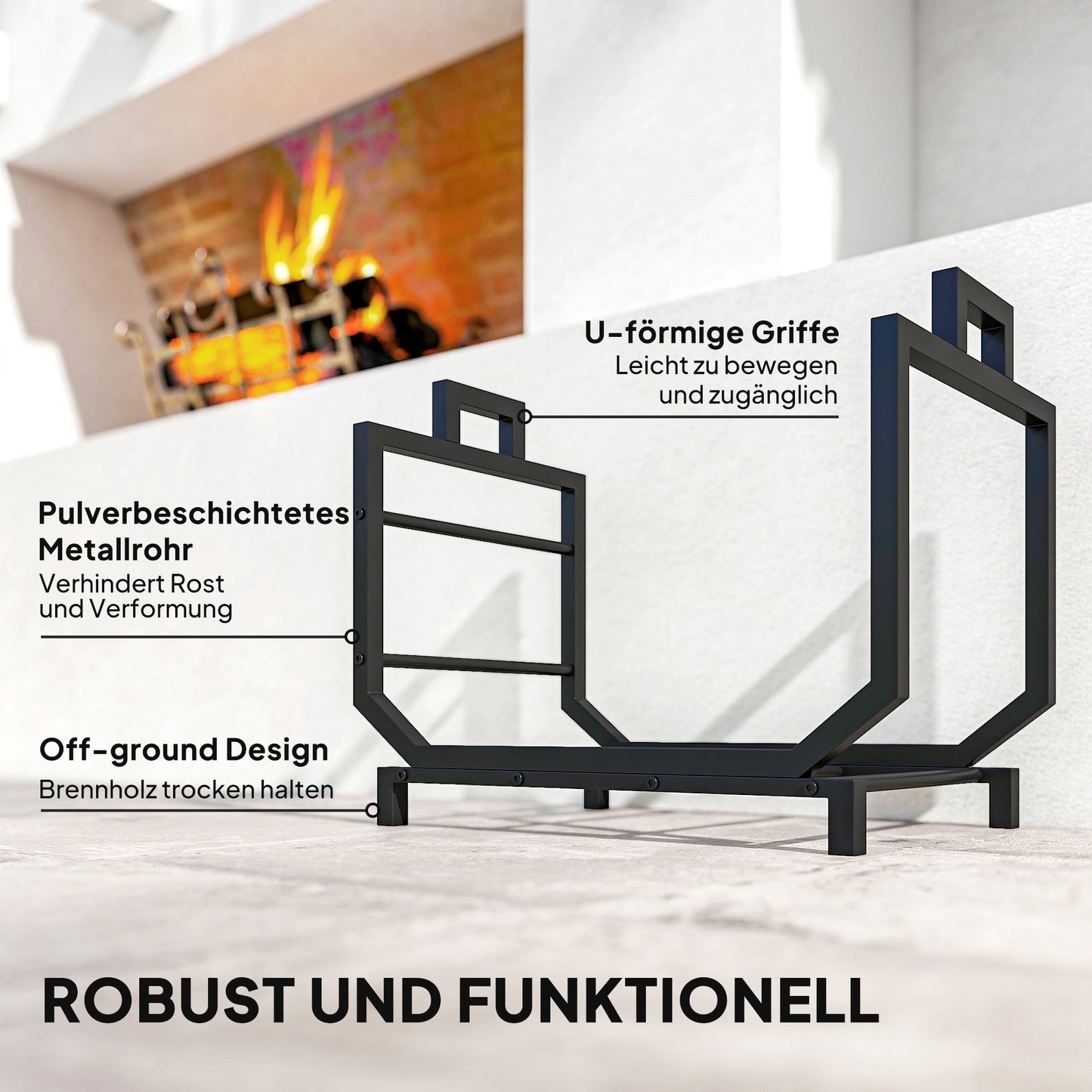 Outsunny Kaminholzregal für innen 53 x 33 x 43 cm Brennholzregal mit Tragetasche Metall Schwarz