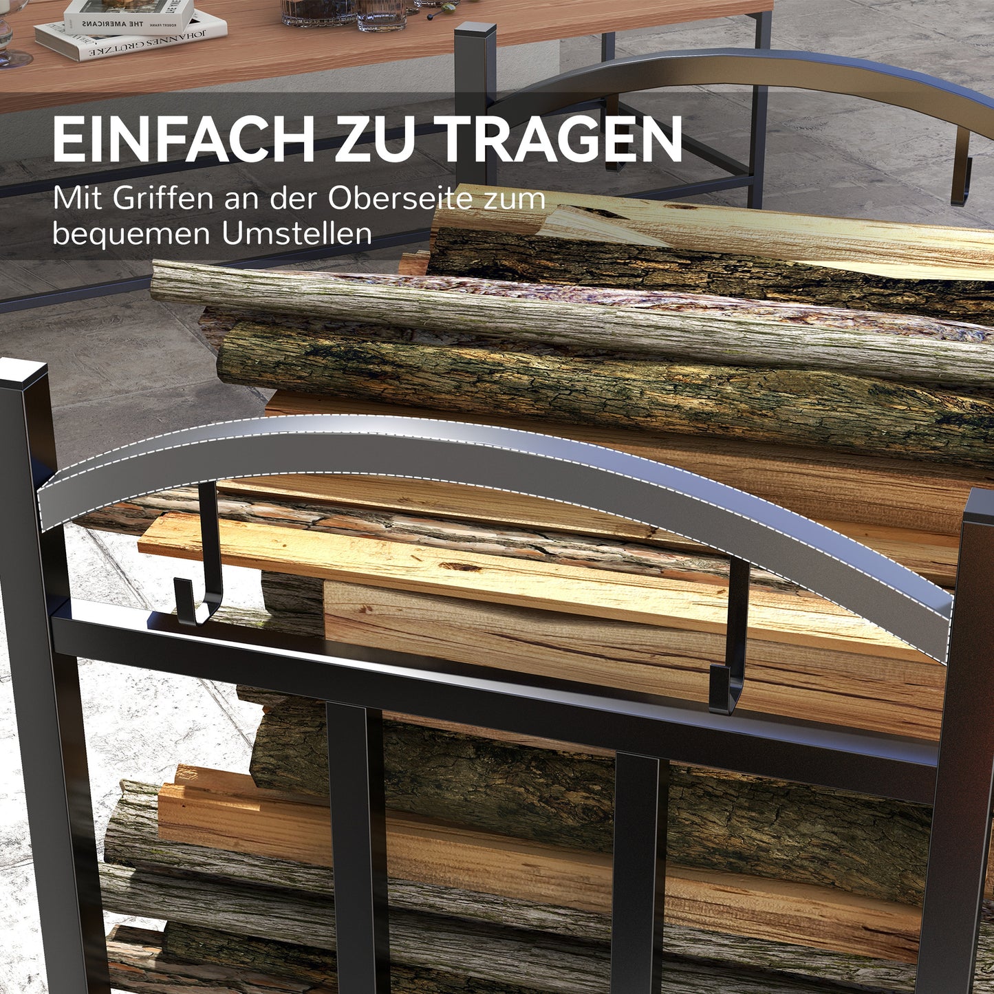 Outsunny Kaminholzregal für innen 46 × 32 × 126 سم 3 Ebenen Brennholzregal mit 4 Haken Metall Schwarz