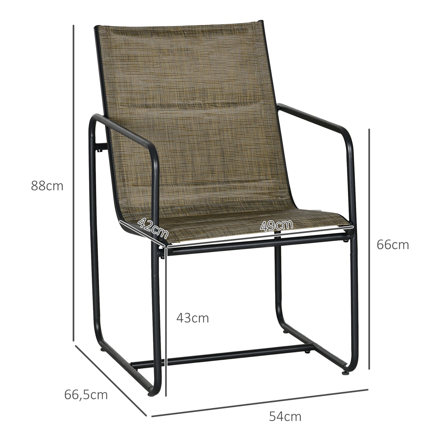 Outsunny Gartenstuhl, 2er-Set, atmungsaktiver Bezug, robuster Metallrahmen, 54x66,5x88cm, Schwarz/Braun
