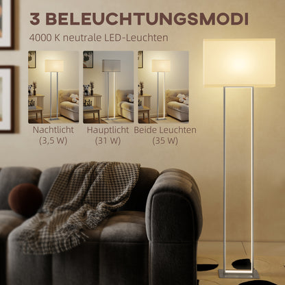 HOMCOM Moderne Stehlampe, 3 Modi, Fußschalter, verstellbare Helligkeit, Leinenoptik, Weiß