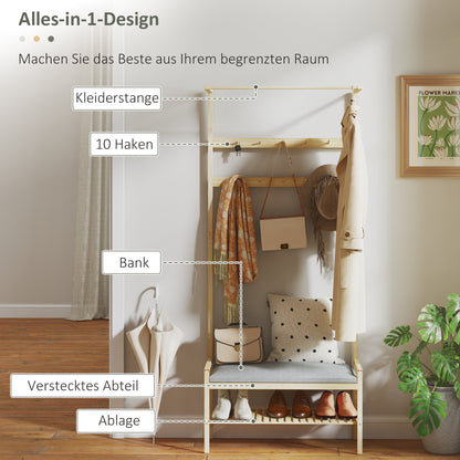 HOMCOM Garderobe mit Schuhbank, Kleiderstange, 10 Kleiderhaken, شوهابلاج, بامبوس