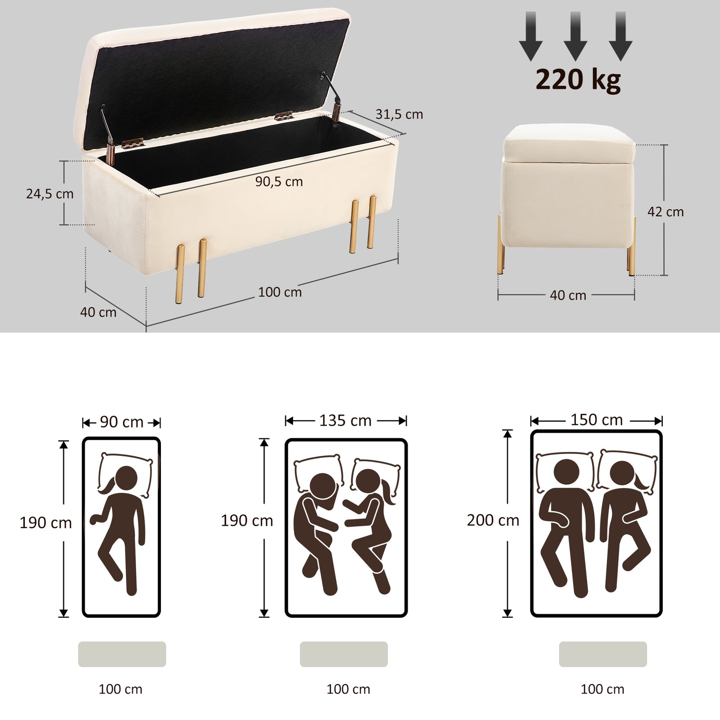 HOMCOM Polsterbank mit Stauraum, Truhenbank, Schaumstoff, Metall, Kautschukholz, 100 x 40 x 42 cm, Beige