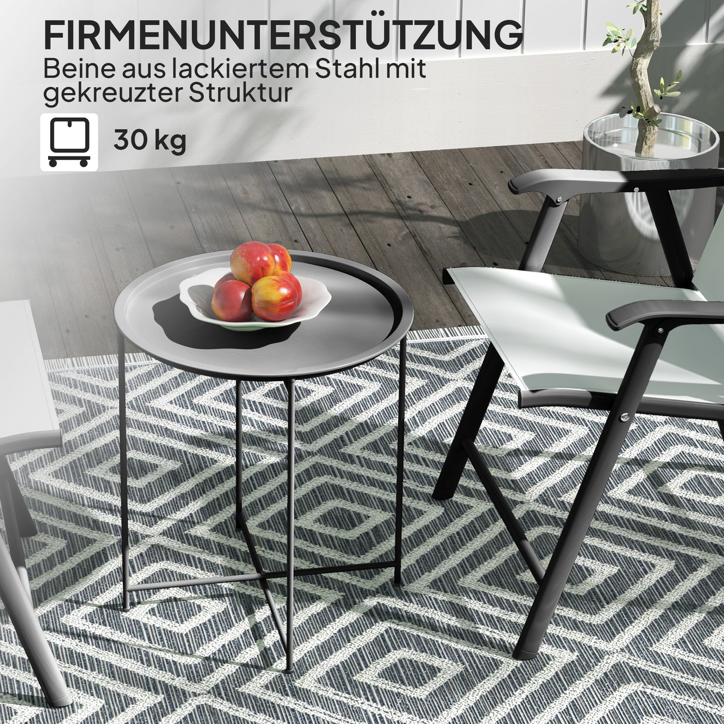 Outsunny Gartentisch, Runder Außen-Beistelltisch aus Stahl mit herausnehmbarem Tablett, faltbares Design, Terrassentisch, Schwarz
