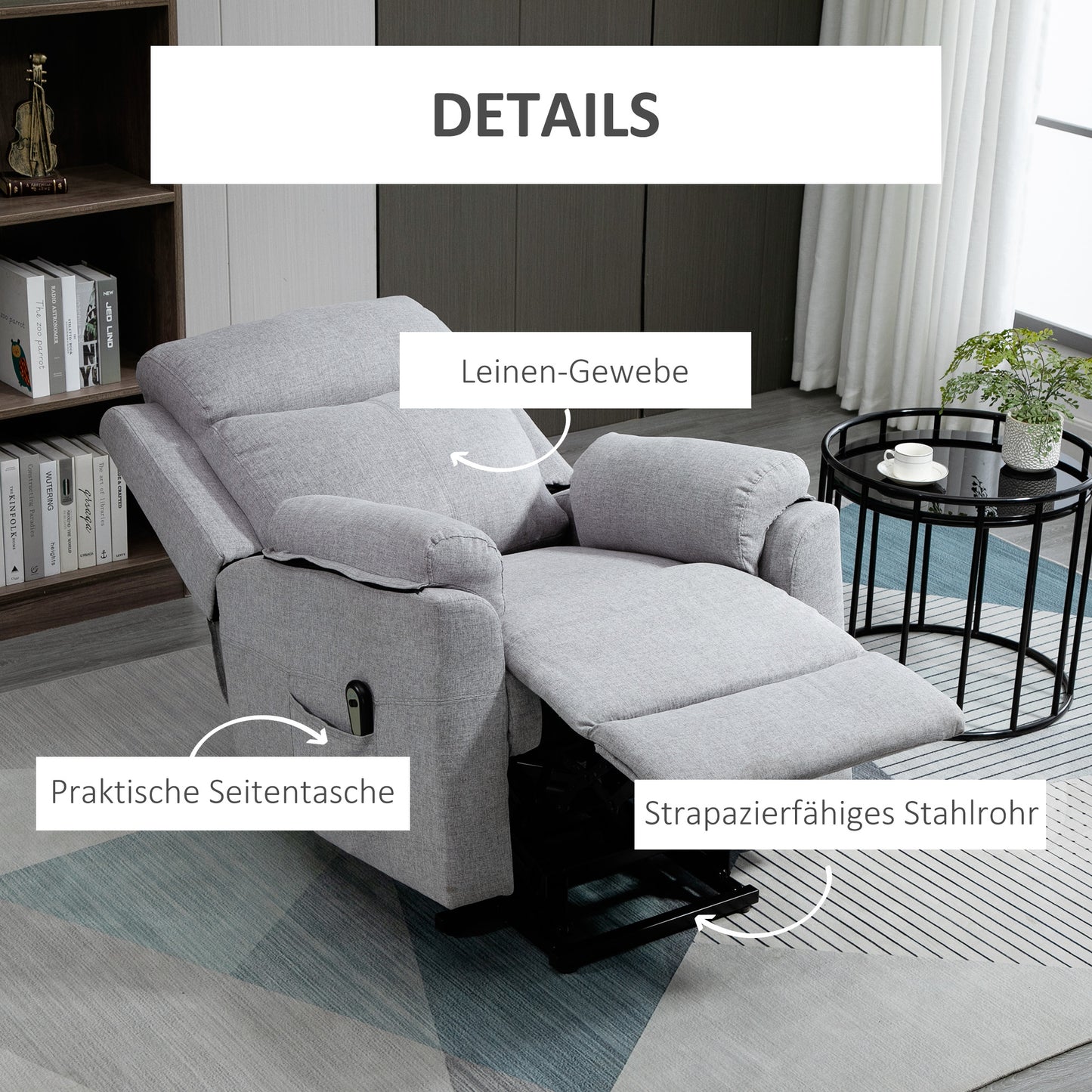 HOMCOM Relaxsessel mit Aufstehhilfe, elektrisch, Liegefunktion, Fernbedienung, Taschenfederkern, bis 120 kg, Grau