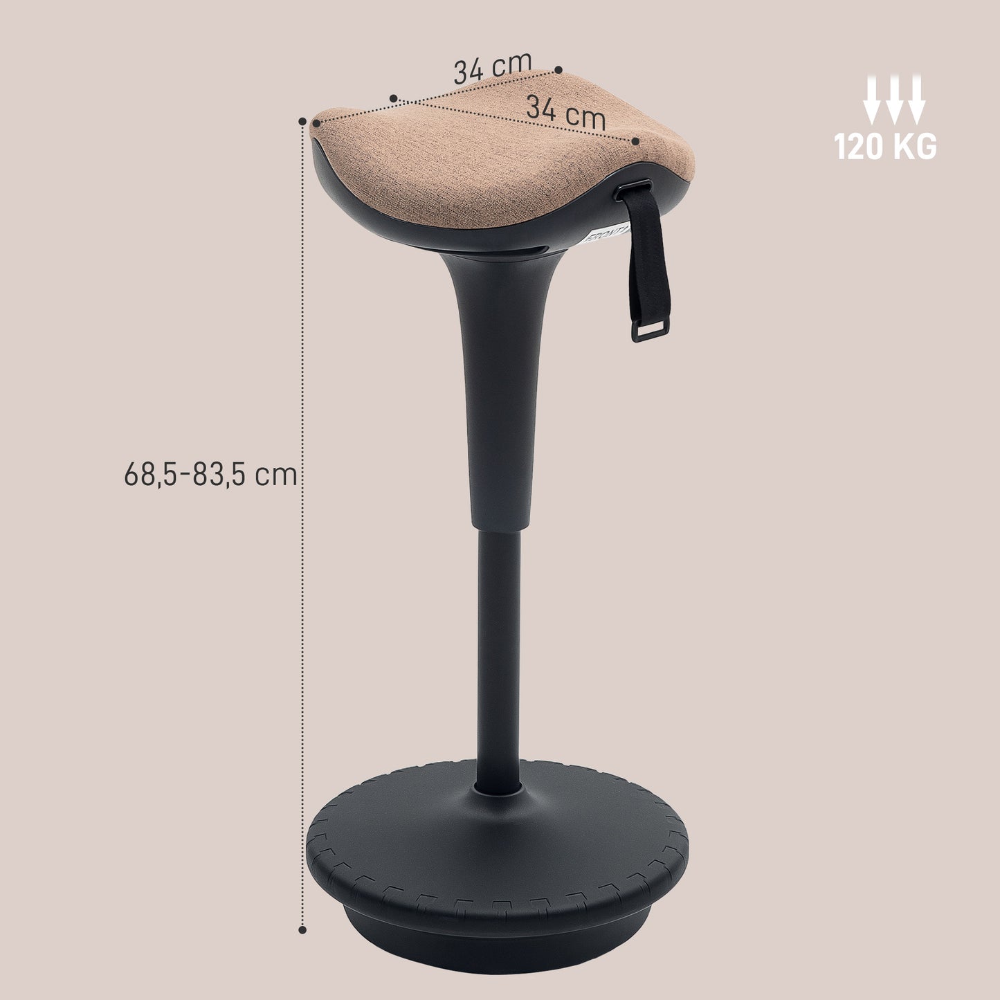 HOMCOM Balancehocker, beweglicher Sitz, drehbarer Bürohocker, höhenverstellbar, ergonomisch, 34 x 34 x 68,5-83,5 cm, Braun