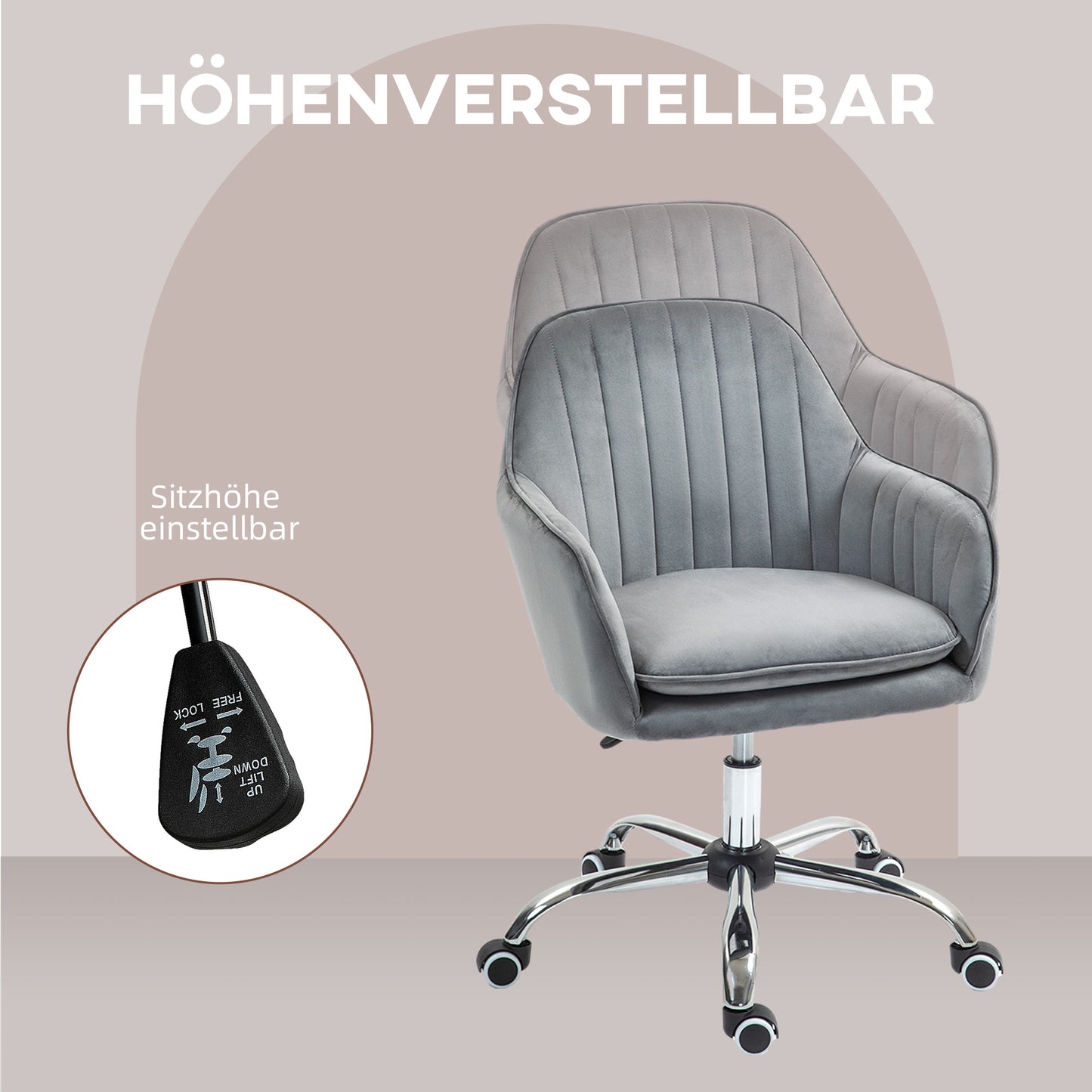 HOMCOM Schreibtischstuhl Höhenverstellbarer Bürostuhl Drehbar Homeoffice Stuhl mit Rücken- und Armlehne Grau