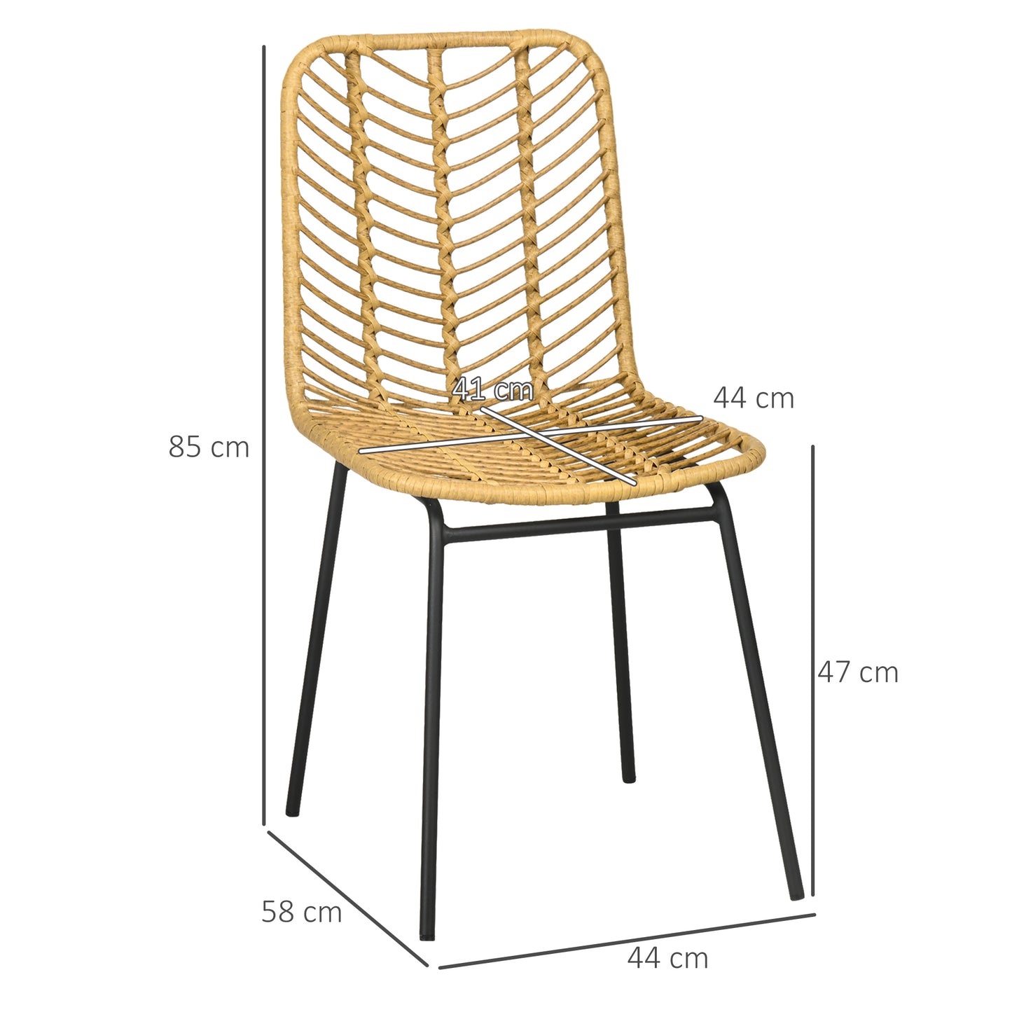 HOMCOM 2er-Set Esszimmerstühle im Boho-Stil, Akzentstuhl, PE-Rattan, 44 cm x 58 cm x 85 cm, Natur + Gelb