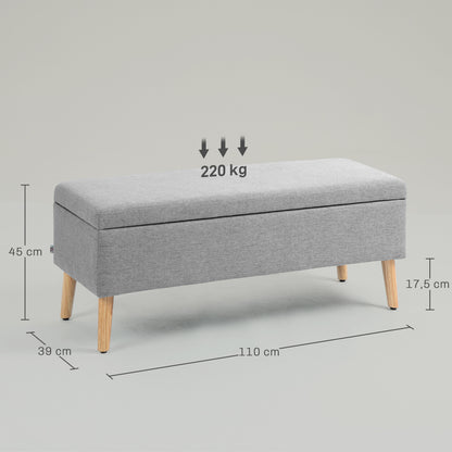 HOMCOM Polsterbank mit Stauraum, Bezug in Leinenoptik, Kautschukholzbeine, bis 220 kg, 110x39x45cm, Grau