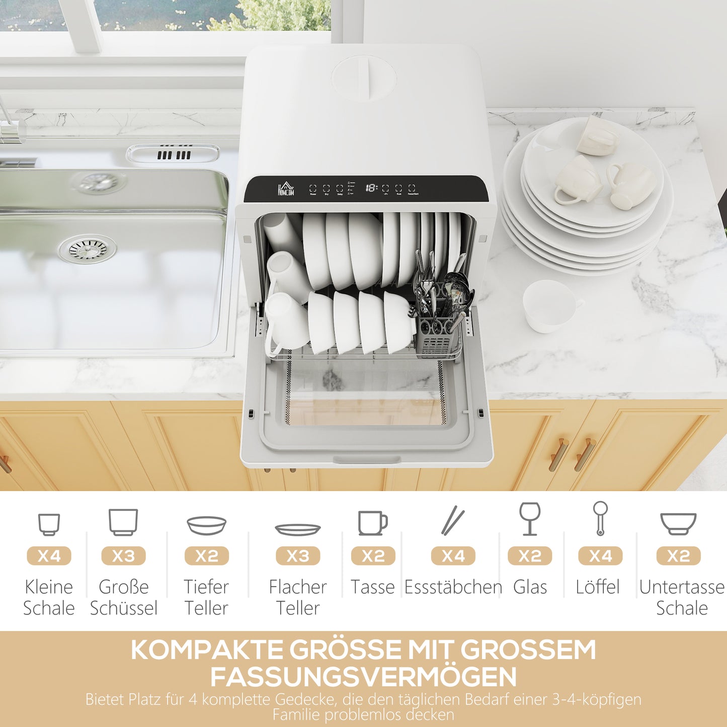 HOMCOM Tischgeschirrspüler, Mini-Geschirrspüler mit 6-Liter-Tank, 5 Programme, LED-Anzeige, Trocknungsfunktion, Weiß