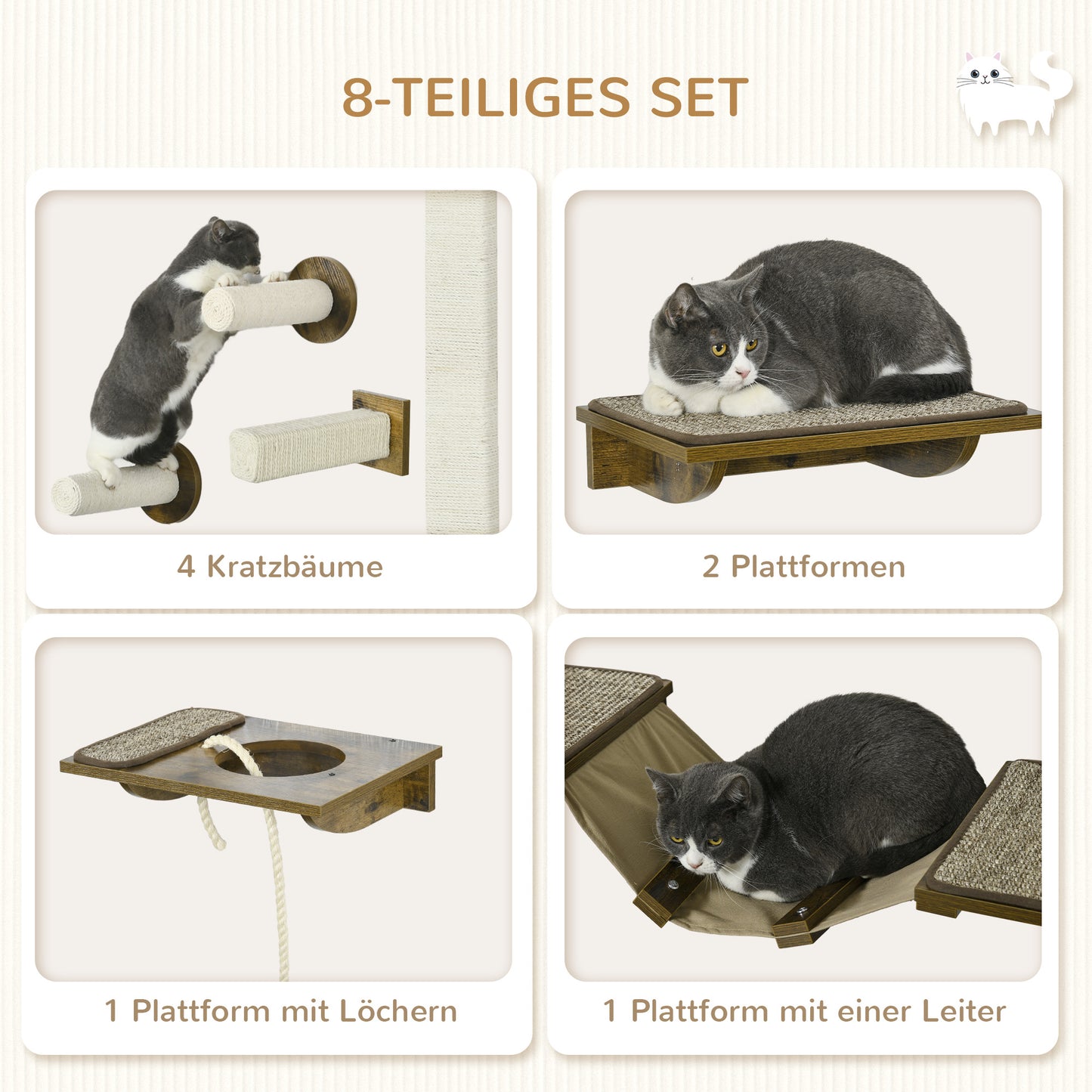 PawHut Katzentreppen-Set, Kletterwand, 8-teilig, bis 8 kg, robust, Braun/Cremeweiß