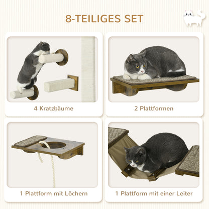 PawHut Katzentreppen-Set, Kletterwand, 8-teilig, bis 8 kg, robust, Braun/Cremeweiß