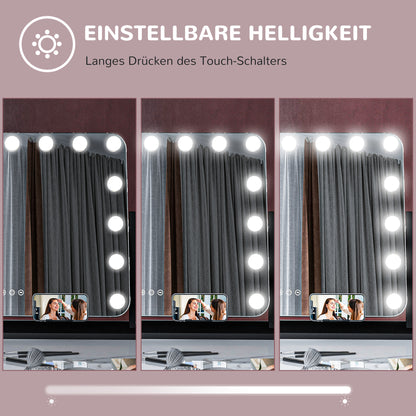 HOMCOM LED Kosmetikspiegel، 3 Lichtmodi، dimmbar، Touchsteuerung، USB، 62,5x49,5 سم، أسود