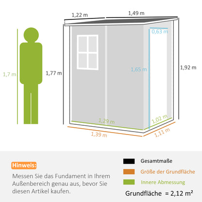 Outsunny Geräteschuppen, Tür mit Schloss, Fenster für Tageslicht & Belüftung, Aluminium, 122 x 149 x 192/177 cm Grau