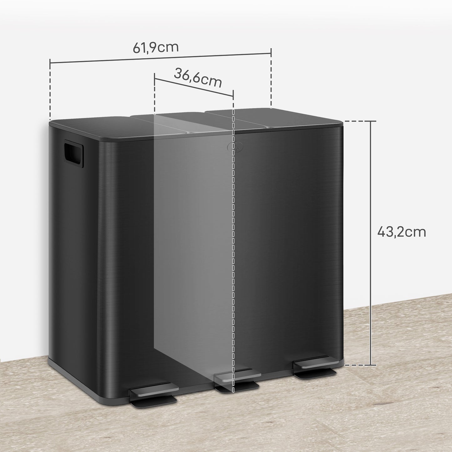 HOMCOM Mülleimer mit 3 x 15L Fächern, Deodorant-Deckel, fingerabdrucksicher, Soft-Close, herausnehmbar, Schwarz