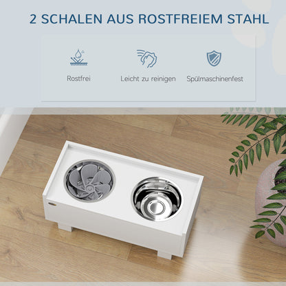 PawHut Erhöhte Fütterungsstation für Hunde, mit abnehmbarer Slow-Feeder-Matte, 2 Aluminiumschüsseln, Stauraum, Weiß
