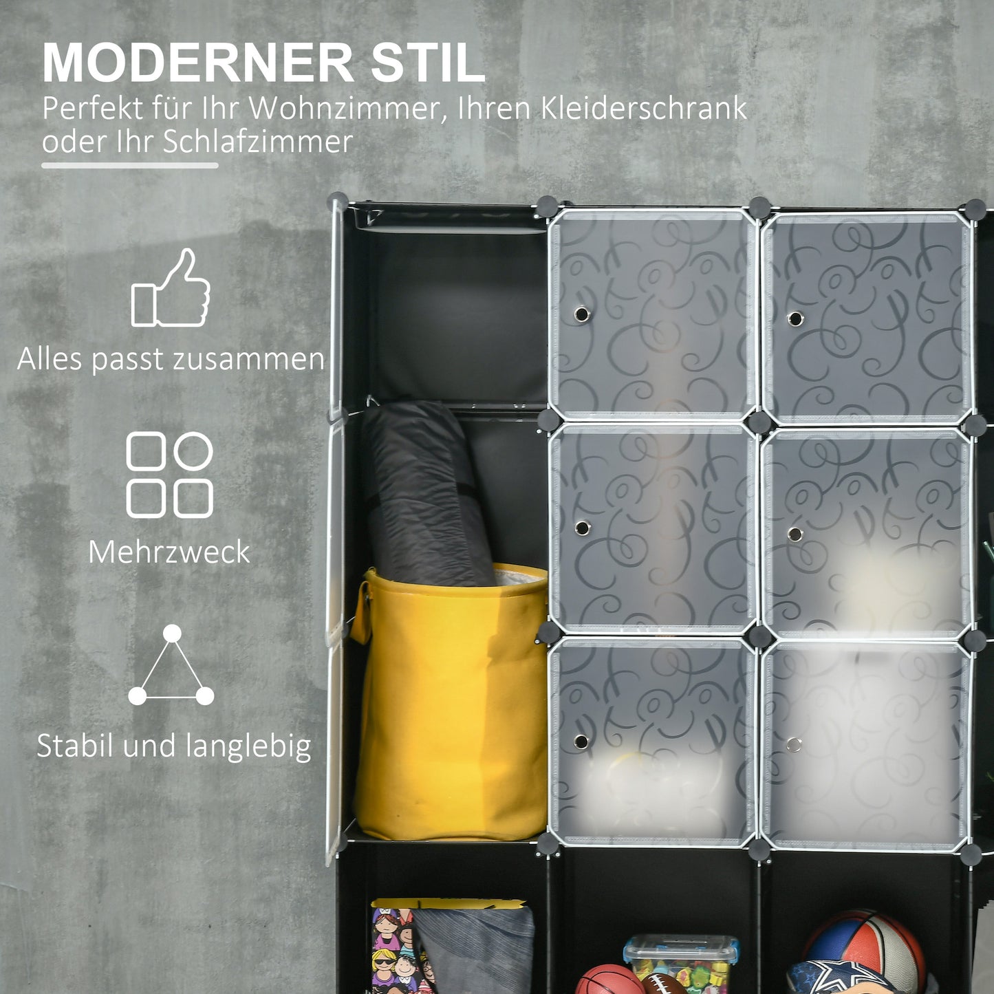 HOMCOM Modularer Aufbewahrungsschrank, Kleiderschrank, 16 Fächer, Kunststoff, Stahl