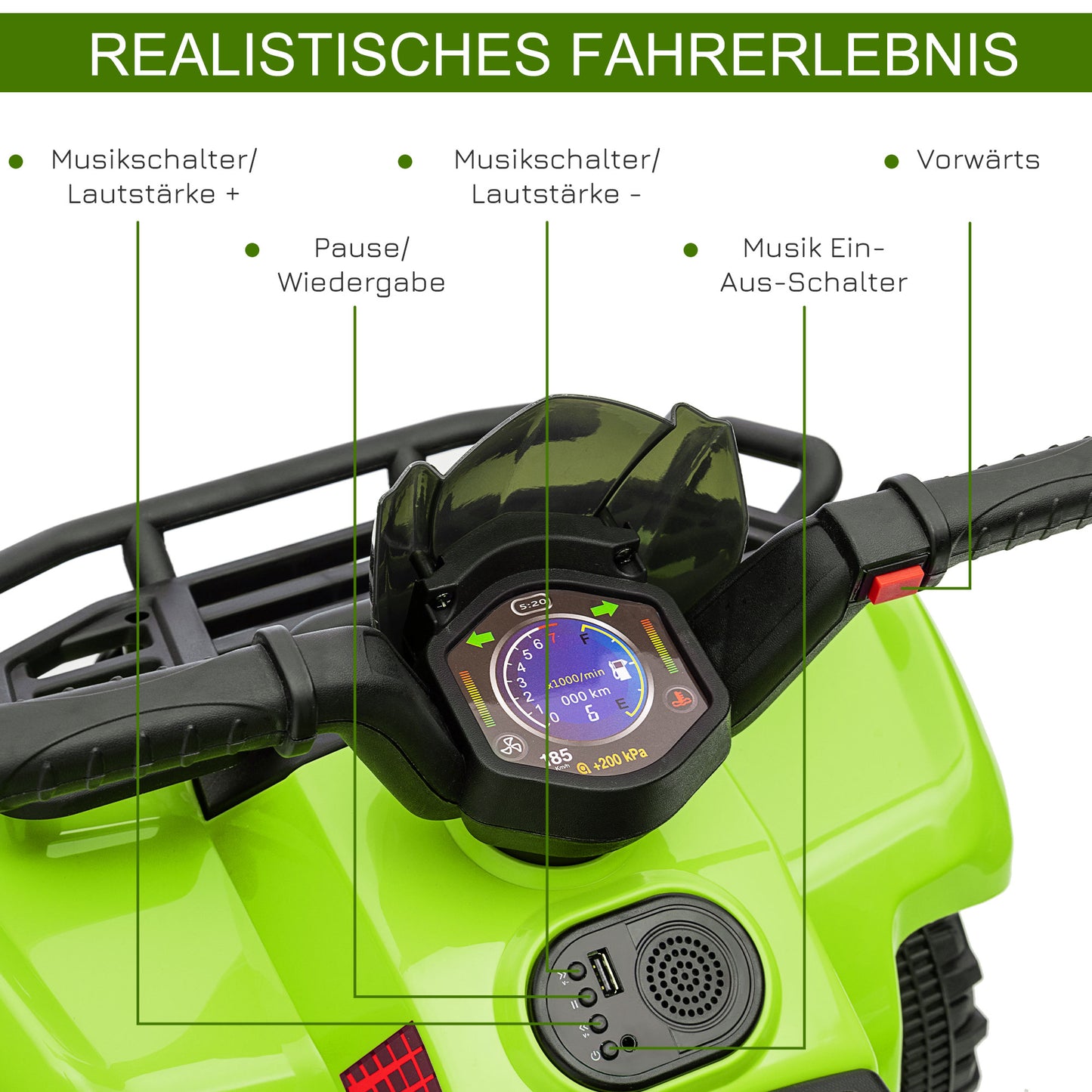 HOMCOM Kinder Quad Elektro 6V Kinderquad mit Vorwärtsfunktion, Musik, Elektro-Quad für Kinder 1,5-3 Jahre Grün
