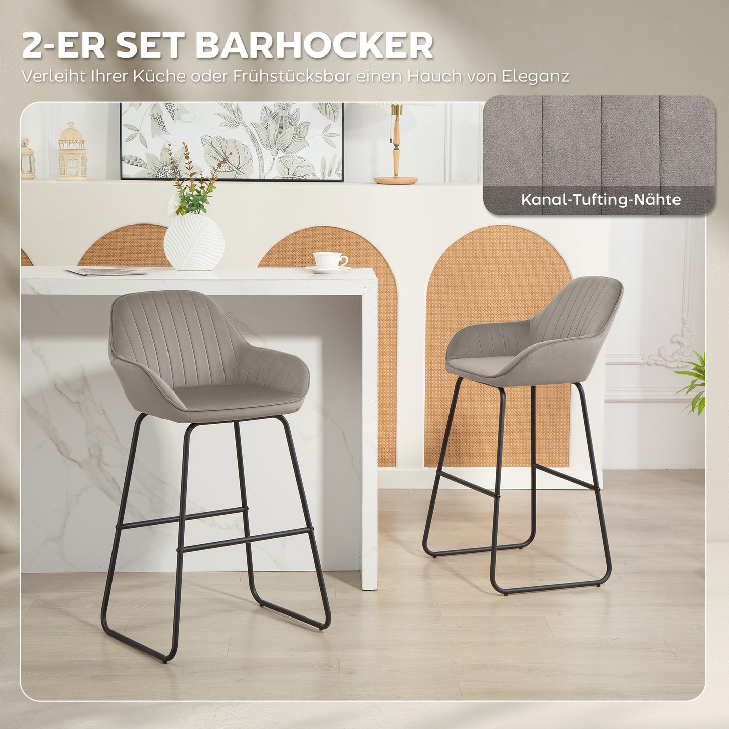 HOMCOM 2er-Set Barstühle، Barhocker mit Stoffbezug und Schaumstoffpolsterung، Polsterhocker mit Metallbeinen، Grau