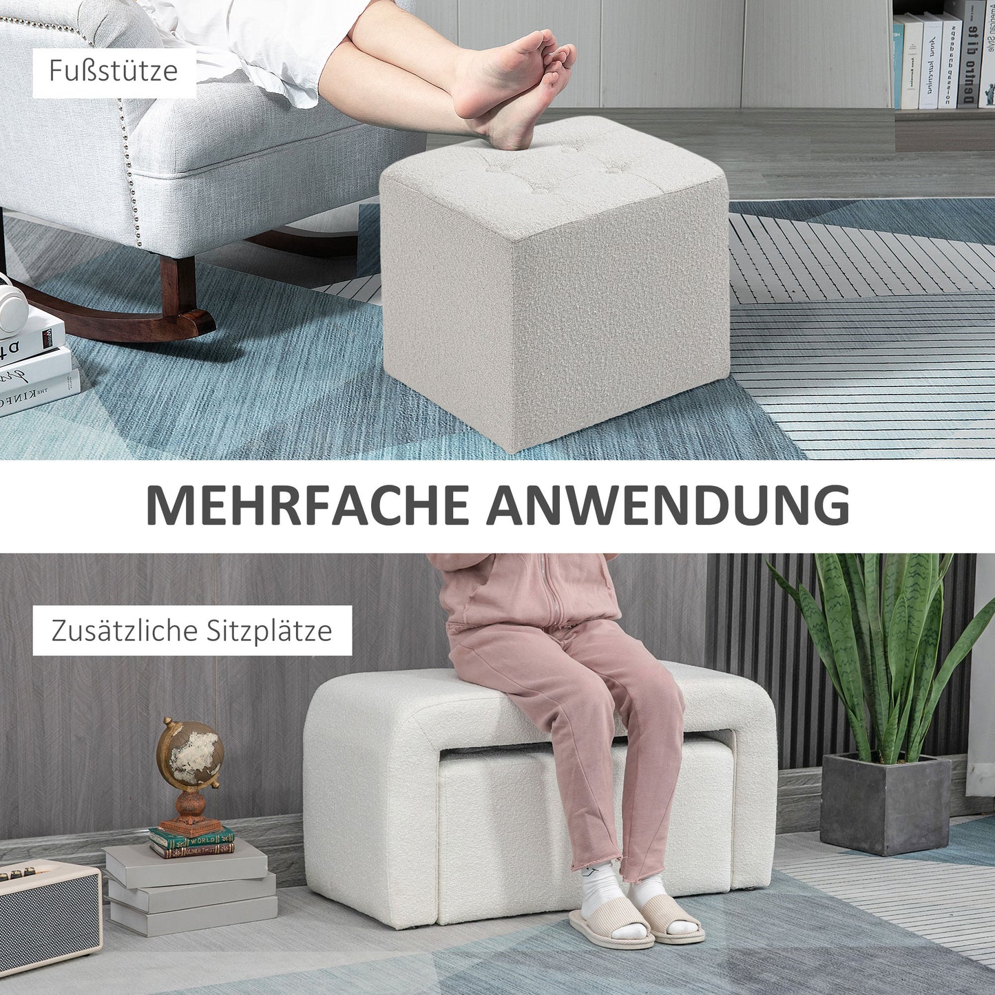HOMCOM Fußhocker-Set Fußhocker 3-teilig, Knopfheftung, 89 cm x 42,5 cm x 45 cm, Creme