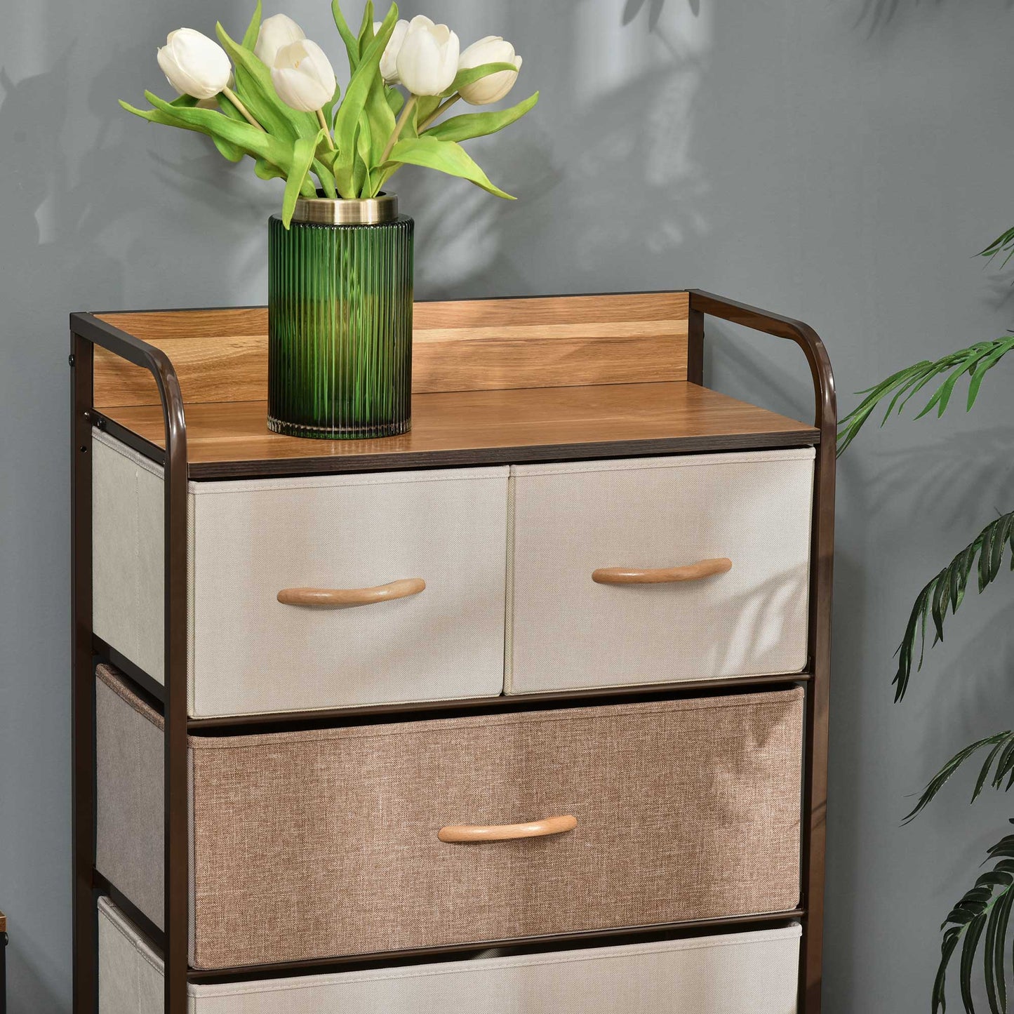 HOMCOM Kommode mit 5 faltbaren Stoffschubladen, Ablage, stabiler Stahlrahmen, 58 x 29 x 99 cm