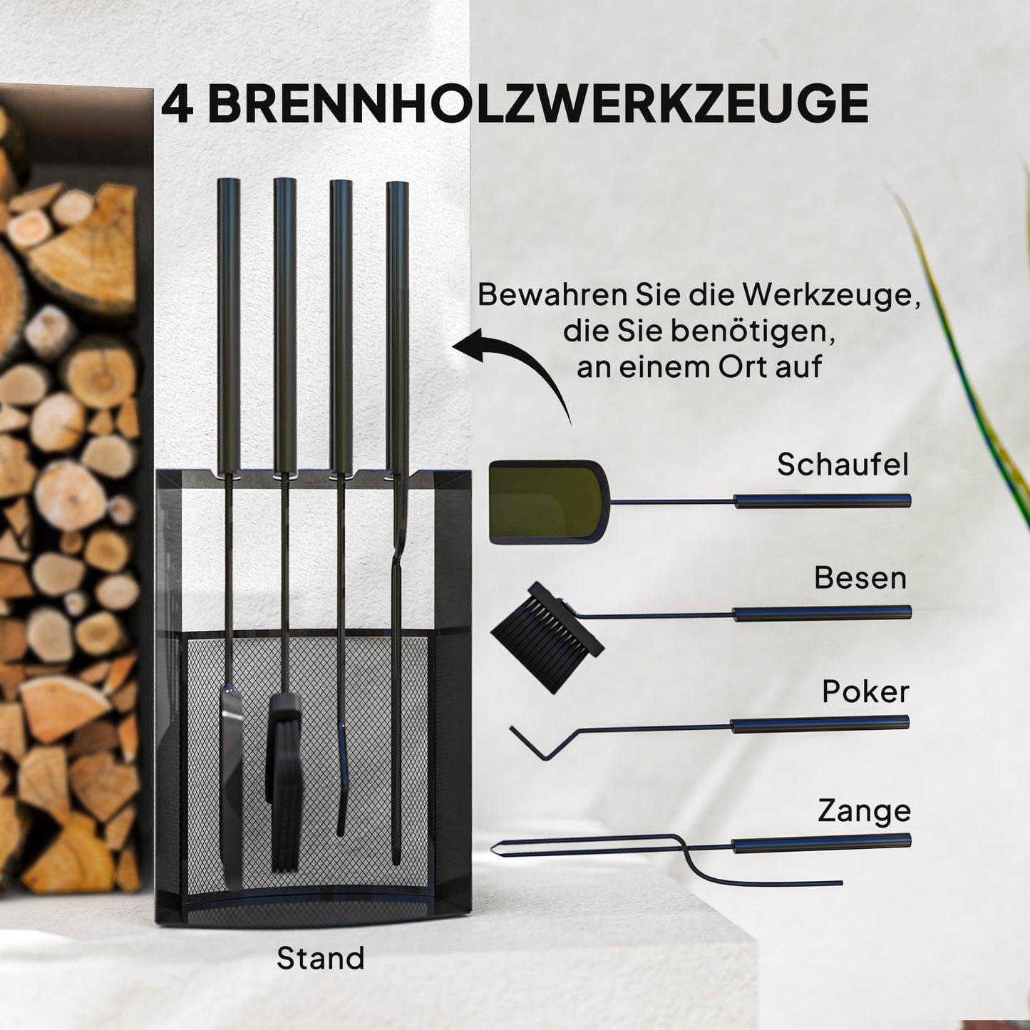 Outsunny Kaminbesteck Set 5teilig Kaminzubehör mit Besen, Schaufel, Schürhaken Zange Ständer Metall, Schwarz