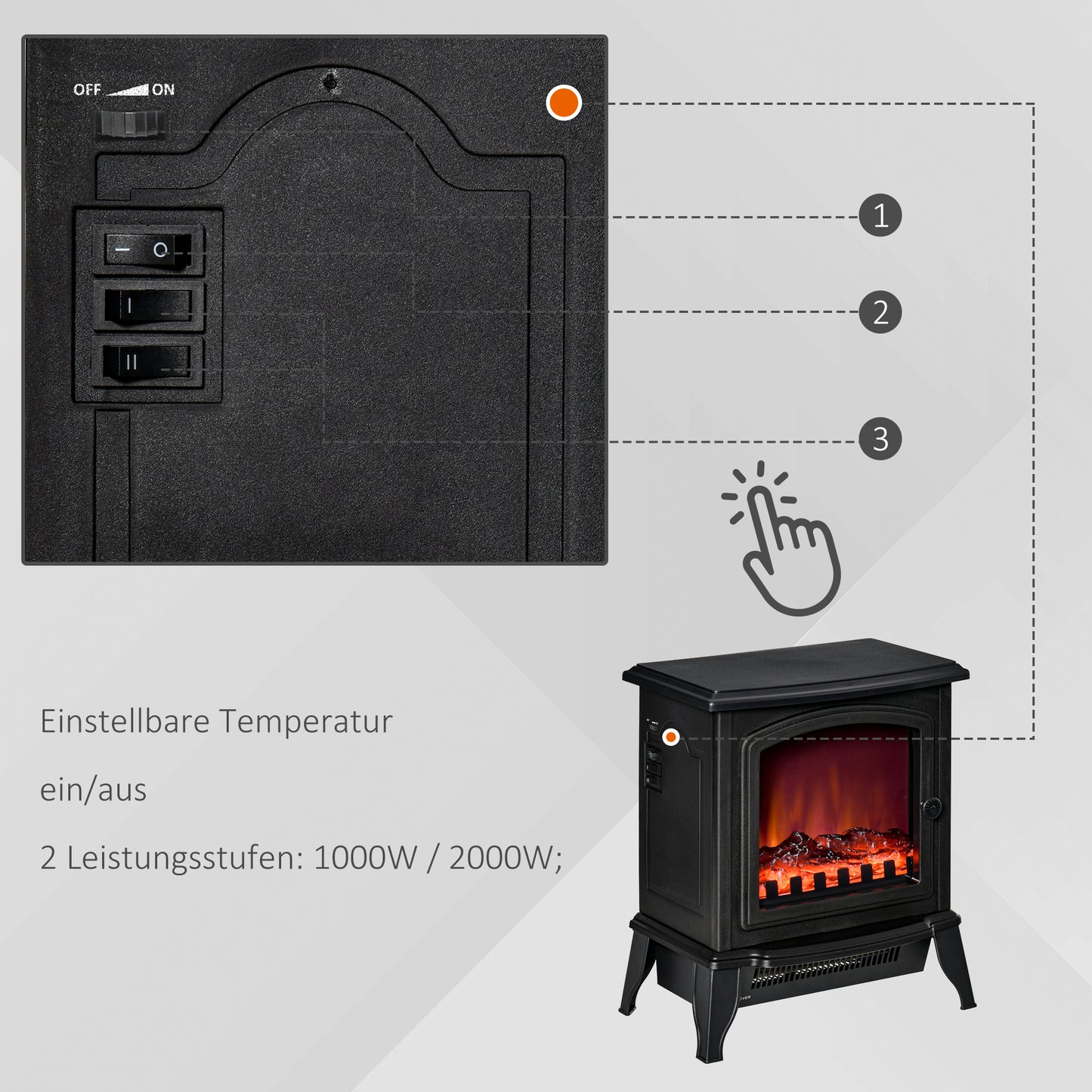 HOMCOM Elektrokamin freistehend, Flammeneffekt, 2 Heizmodi 1000W/2000W, gehärtetes Glas, Schwarz, 36,5x24x45,5 cm